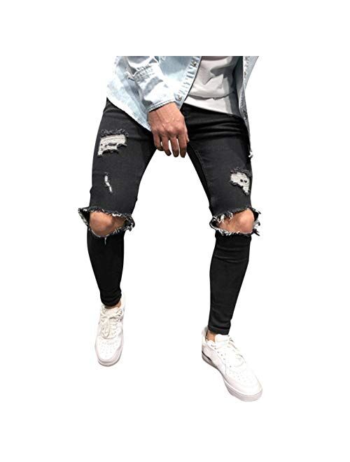 Men's Skinny Stretch Denim Pants Distressed Ripped Freyed Slim Fit Jeans Trousers with Zipper Pockets