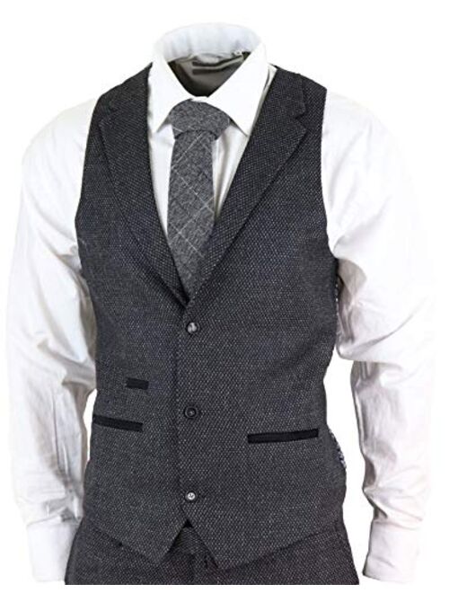 TruClothing.com Mens Wool 3 Piece Suit Tweed Charcoal Black Tailored Fit Peaky Blinders Classic Black 36