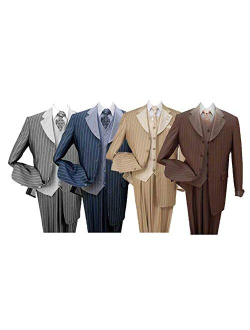Milano Moda Pinestripe Fashion Suit with Contrast Collar, Cuffs & Vest, 4 Colors