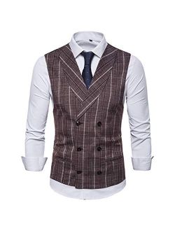 Iynnijoy Men's Striped Tweed Suit Vest Double-Breasted Casual Waistcoat Shawl Lapel Business Suit Vest