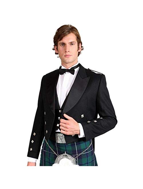 The Scotland Kilt Company Wedding Formal Mens Black Prince Charlie Kilt Jacket with Coatee Vest