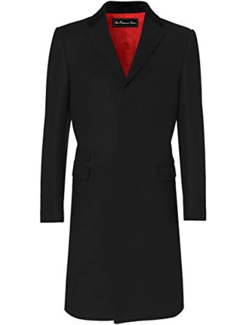 Mens Black Overcoat Wool & Cashmere Covert Warm Winter Mod Cromby Coat Velvet Collar & Red Satin Lining