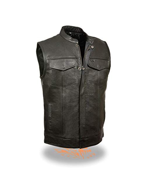 Milwaukee Leather LKM3710 Men's Black Club Style Leather Vest with Open Neck and Gun Pockets - X-Large