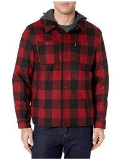 Men's Two Pocket Hooded Shirt Jacket, red Buffalo Plaid
