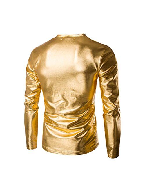 CCSDR Men Plus Size Metallic Shiny T Shirt,Wet Look Long Sleeve Top Slim Fit V Neck Blouse