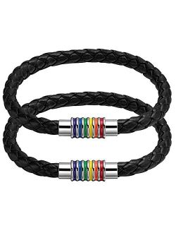 Nanafast Titanium Stainless Steel Magnet Rainbow LGBT Pride Handmade Braided Bracelet PU Leather Weave Plaited Jewelry