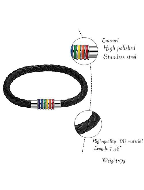 Nanafast Titanium Stainless Steel Magnet Rainbow LGBT Pride Handmade Braided Bracelet PU Leather Weave Plaited Jewelry