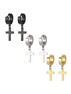 Szory 3 Pairs Stainless Steel Hoop Earrings with Cross for Men Women