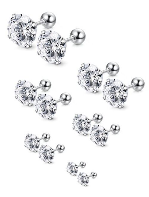 Jstyle 6Pairs 18G Stainless Steel Mens Womens Stud Earrings Cartilage Ear Piercings Helix Tragus Barbell CZ 3-8mm