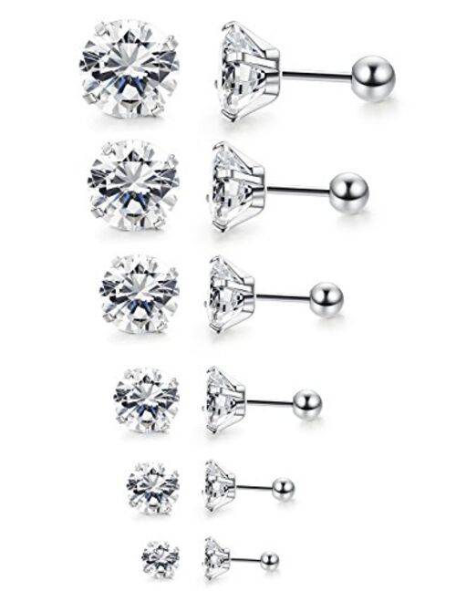 Jstyle 6Pairs 18G Stainless Steel Mens Womens Stud Earrings Cartilage Ear Piercings Helix Tragus Barbell CZ 3-8mm
