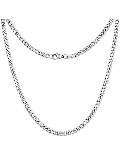Silvadore 4mm Curb Mens Necklace - Silver Chain Cuban Stainless Steel Jewelry - Neck Link Chains for Men Man Women Boys Male Military - 14