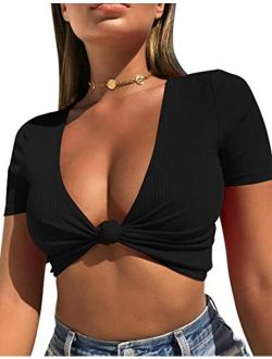 Mizoci Women's Sexy Knot Front Crop Top Deep V Neck Short Sleeve Basic Casual T Shirt