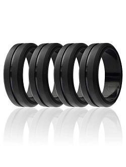 ROQ Silicone Wedding Ring for Men, Elegant, Affordable 8mm Silicone Rubber Wedding Bands, Singles & 4 Pack, Brushed Top Beveled Edges - Black, Metal Silver, Dark Gray