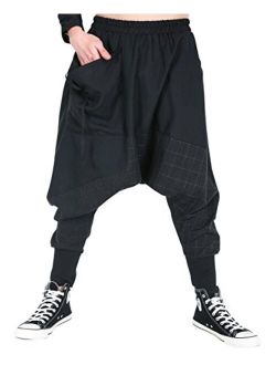 ellazhu Men's Baggy Elastic Waist Drop Crotch Harem Pants GYM188 A