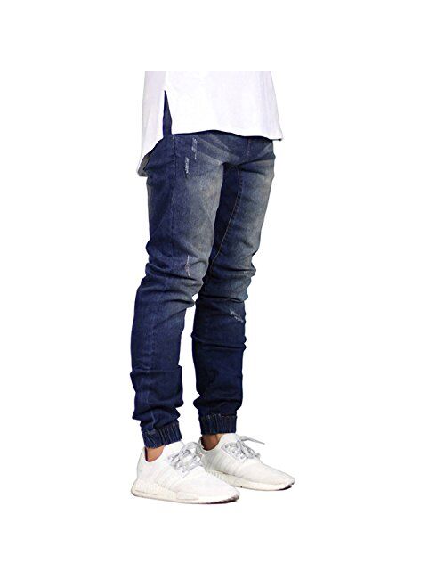 Sarriben Men's Distressed Slim Fit Drop Crotch Elastic Denim Jogger Jeans