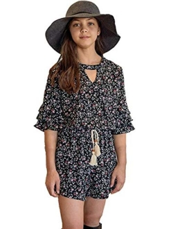 Smukke, Big Girls Tween Floral Printed Tier Ruffle Sleeves Romper (Many Options) with Pockets, 7-16