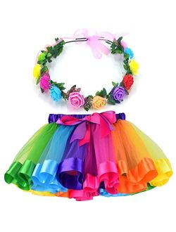 MY-PRETTYGS Layered Tulle Ballet Rainbow Tutu Skirt with Flower Crown Wreath Headband