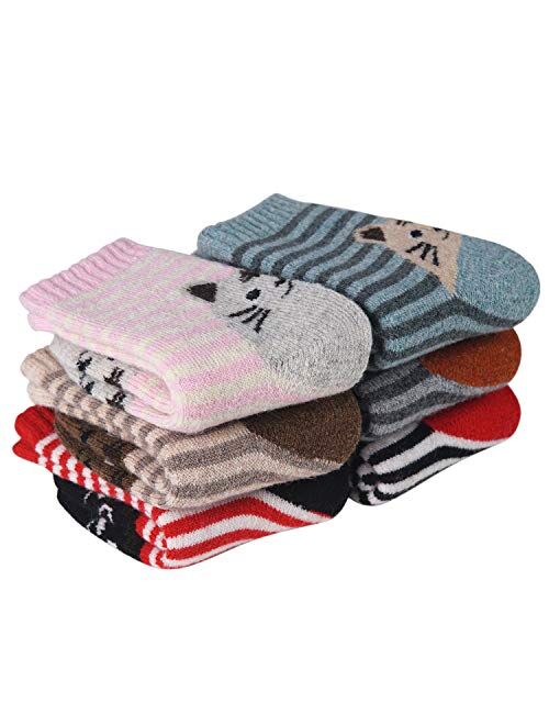 La Volupte Children's Winter Warm Wool Socks Kids Boys Girls Cute Animal Crew Socks 6 Pairs