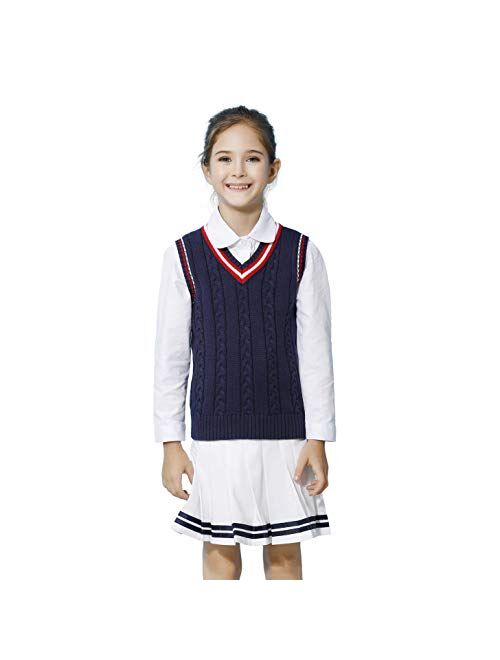 Kid Nation Sweater Vest School V-Neck Uniforms Cotton Cable Knit Pullover for Boys/Girls 3-12Y