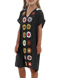 KIDVOVOU Kids Girls Swimsuit Beach Cover-up Crochet V-Neck Swim Dress