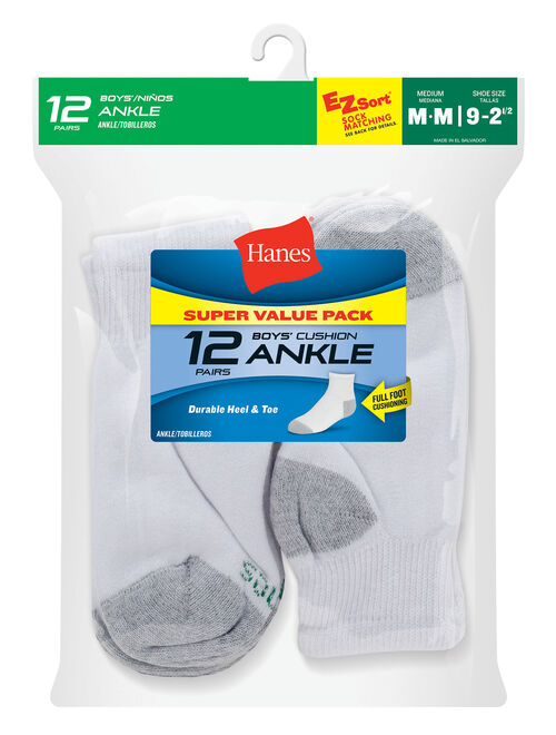 Hanes Boys Socks, 12 Pack Ankle Cushion Socks Sizes S - L