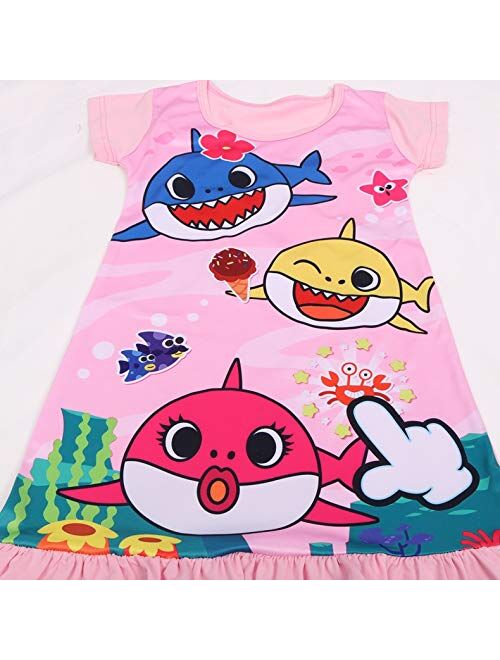 AOVCLKID Toddler Girls Baby Princess Pajamas Shark Cartoon Print Nightgown Dress