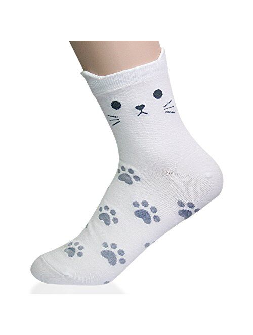 KONY Women's Girls Cute Animal Designed Funny Novelty Crew Socks, Cat Dog Owl Panda Pattern Gift Ideas Size 6-9