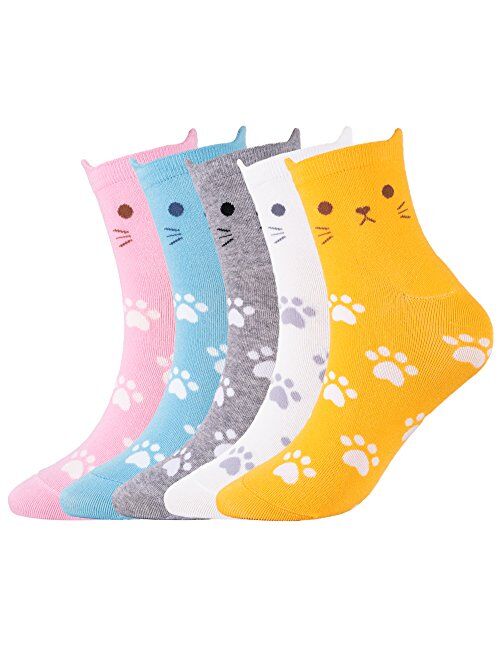 KONY Women's Girls Cute Animal Designed Funny Novelty Crew Socks, Cat Dog Owl Panda Pattern Gift Ideas Size 6-9