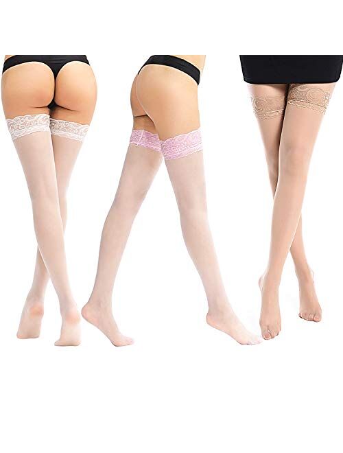 6 Pairs Thick Thigh Highs Lace Stockings Top Stockings Women's Sheer