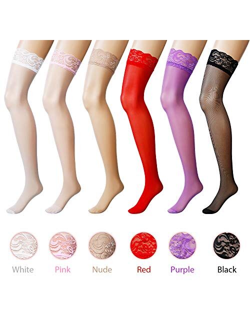 6 Pairs Thick Thigh Highs Lace Stockings Top Stockings Women's Sheer