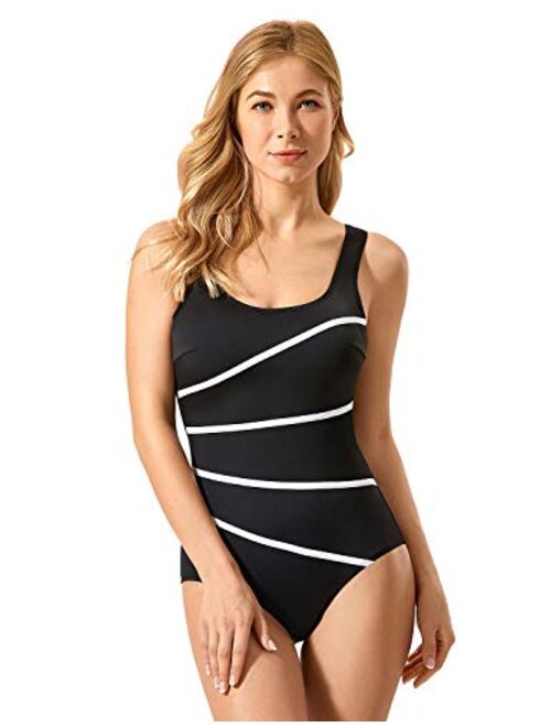 DELIMIRA Women's Striped One Piece Swimsuit Plus Size Swimwear Modest Bathing Suits