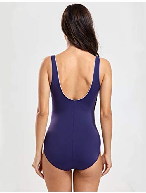 DELIMIRA Women's Slimming Swimwear One Piece Piped Swimsuit Plus Size Bathing Suit