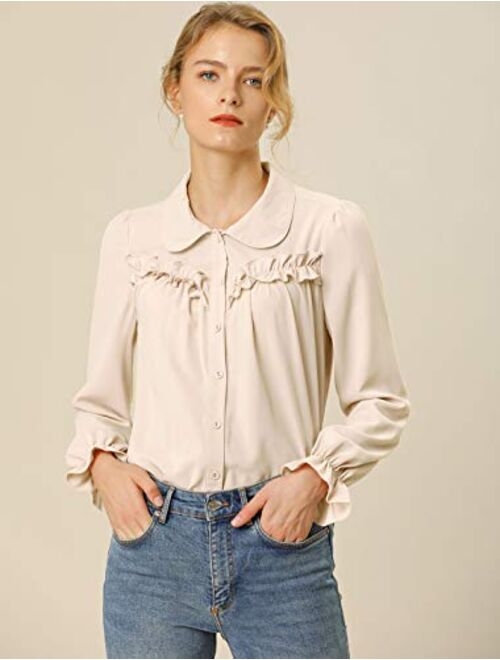 Allegra K Women's Button Down Long Sleeve Peter Pan Collar Ruffled Shirt