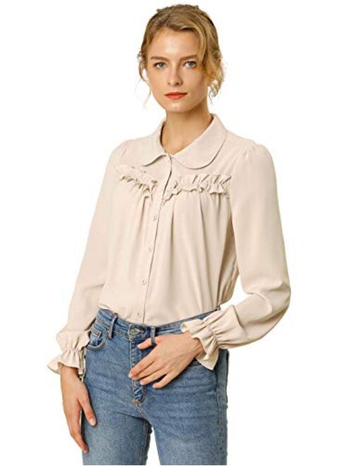 Allegra K Women's Button Down Long Sleeve Peter Pan Collar Ruffled Shirt