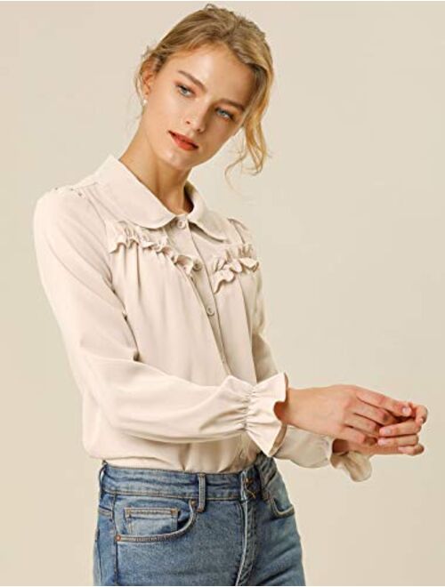 Allegra K Women's Button Down Long Sleeve Peter Pan Collar Ruffled Shirt