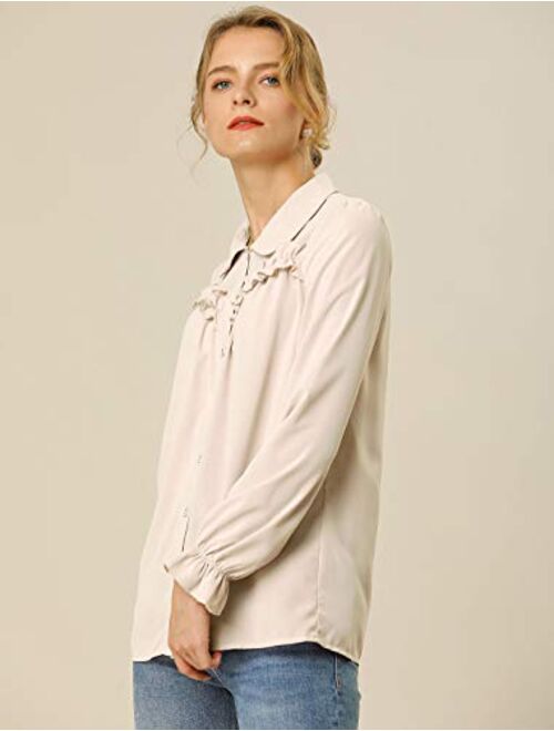 Allegra K Women's Button Down Long Sleeve Peter Pan Collar Ruffled Shirt