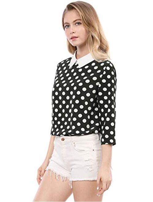 Allegra K Women's Contrast Peter Pan Collar Top 3/4 Sleeves Polka Dots Blouse Shirt