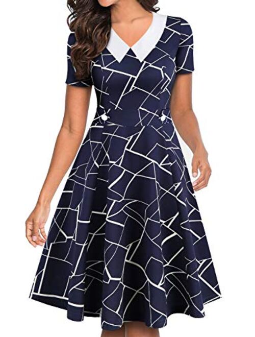 YATHON Women's Vintage Peter Pan Collar Fit and Flare A-Line Swing Work Casual Dresses