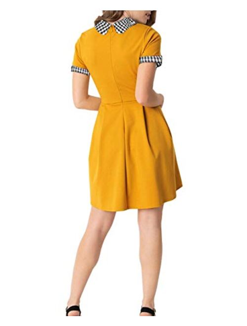 OKLICH Women's Elegant Plaid Peter Pan Collar Short Sleeve Flare Dress with Pockets