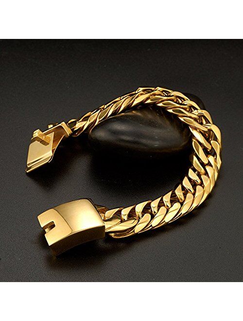 Jxlepe Miami Cuban Link Chain Bracelet 18K Gold 16mm Big Stainless Steel Curb Bangle for Men