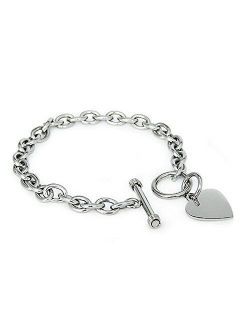 Crazy2Shop Stainless Steel Trendy Cable Chain Bracelet with Heart Charm and Toggle Clasp Closure, High Polished Finished, 7.5"