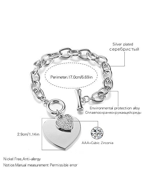 PJ Heart Crystal Charm Bracelet for Women Girls - High Polished Trendy Love Heart-Shaped Link Chain Charms Bracelets Jewelry, Toggle Clasp