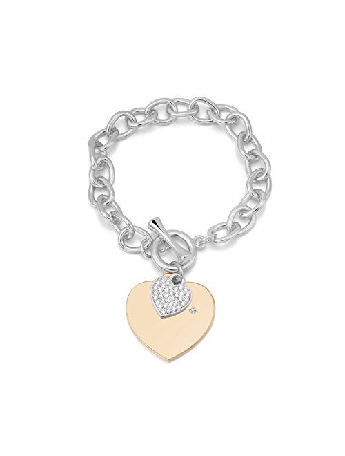 PJ Heart Crystal Charm Bracelet for Women Girls - High Polished Trendy Love Heart-Shaped Link Chain Charms Bracelets Jewelry, Toggle Clasp