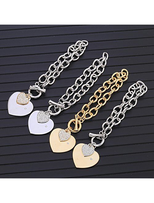 PJ Heart Crystal Charm Bracelet for Women Girls - High Polished Trendy Love Heart-Shaped Link Chain Charms Bracelets Jewelry, Toggle Clasp