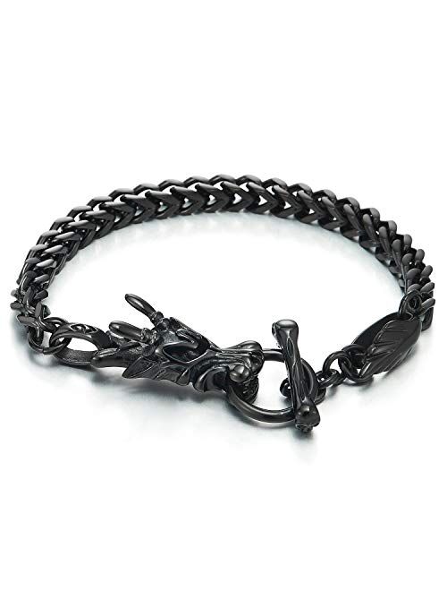 COOLSTEELANDBEYOND Mens Biker Stainless Steel Dragon Curb Chain Bracelet Toggle Clasp Gothic Style 8.9 Inches