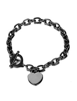 WangGao Elegent Love Stainless Steel Link Chain Blank Heart Charms Bracelet for Women 8.26'' Length Toggle Clasp Closure