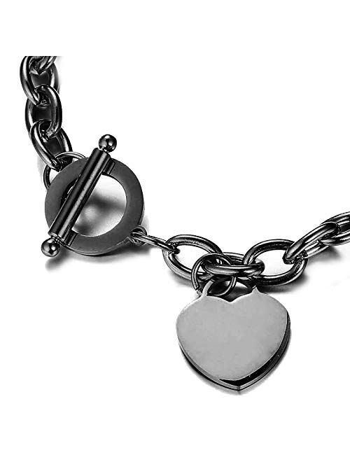 WangGao Elegent Love Stainless Steel Link Chain Blank Heart Charms Bracelet for Women 8.26'' Length Toggle Clasp Closure