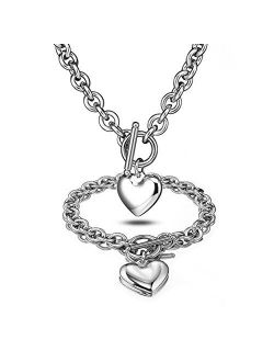 Heart Pendant Necklace and Bracelet Chain Stainless Steel Silver Drop White Jewelry Set