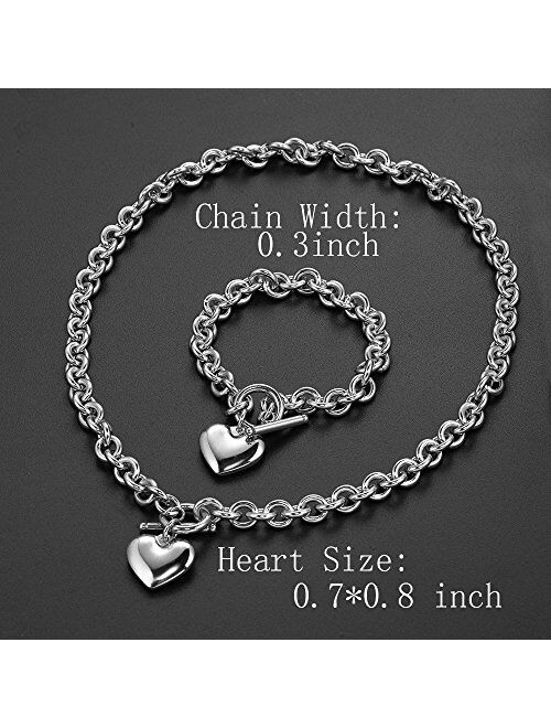 Heart Pendant Necklace and Bracelet Chain Stainless Steel Silver Drop White Jewelry Set