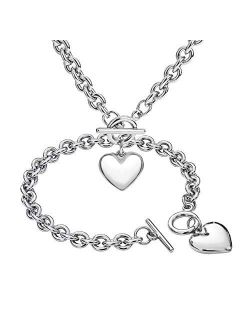 Heart Pendant Necklace and Bracelet Chain Set,Stainless Steel Love Heart Pendant Choker and Bracelet,Gift for Women & Girls(Sliver)